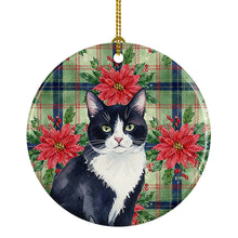 Load image into Gallery viewer, Black and White Tuxedo Cat with Poinsettias Ceramic Ornament