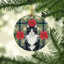 Load image into Gallery viewer, MaineCoon Black and White Cat with Poinsettias Ceramic Ornament