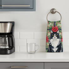 Load image into Gallery viewer, MaineCoon Black and White Cat with Poinsettias Kitchen Towel