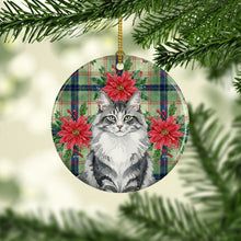 Load image into Gallery viewer, Norwegian Forest Cat Gray and White Cat with Poinsettias Ceramic Ornament