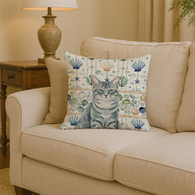 Load image into Gallery viewer, Gray Mackerel Tabby Cat Coastal Sea Glass Throw Pillow